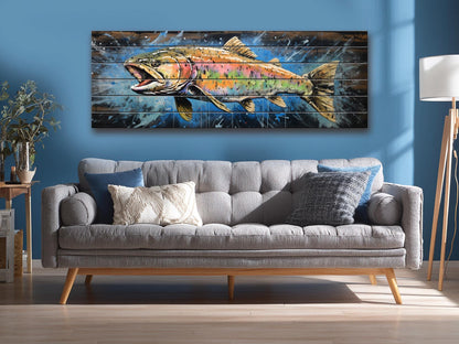 Rainbow Trout Wall Art - Rustic Wood Plank Painting | Fishing Lodge Decor
