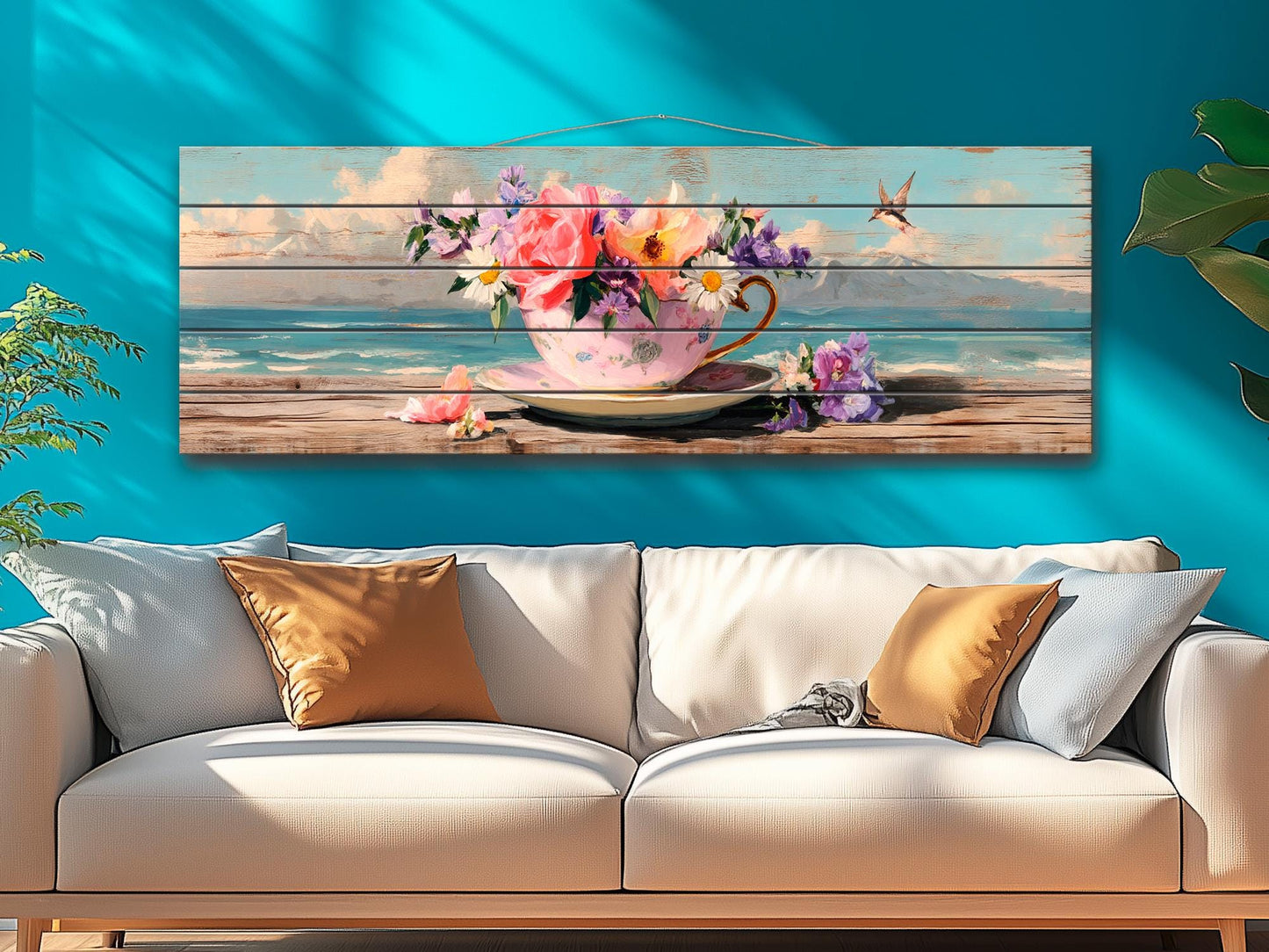 Wood Wall Art – Vintage Floral Teacup Print | Coastal View Artwork on Natural Wood