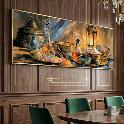 a large painting of various objects, including vases, bowls, and a teapot, displayed on a wall in a room with wooden paneling.