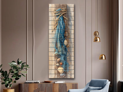 Wood Wall Art - Seashell Print – Nautical Coastal Decor – Fishing Net Beach Print on Natural Wood