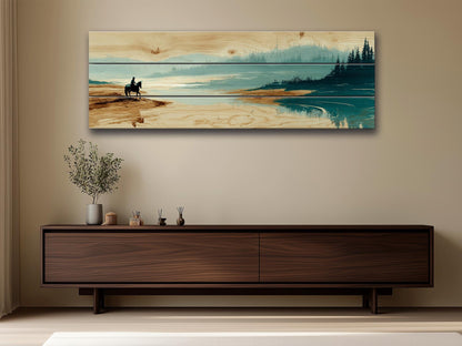 Horse River Wall Art – Rustic Cabin Wood Plank Artwork With Calm Water Landscape