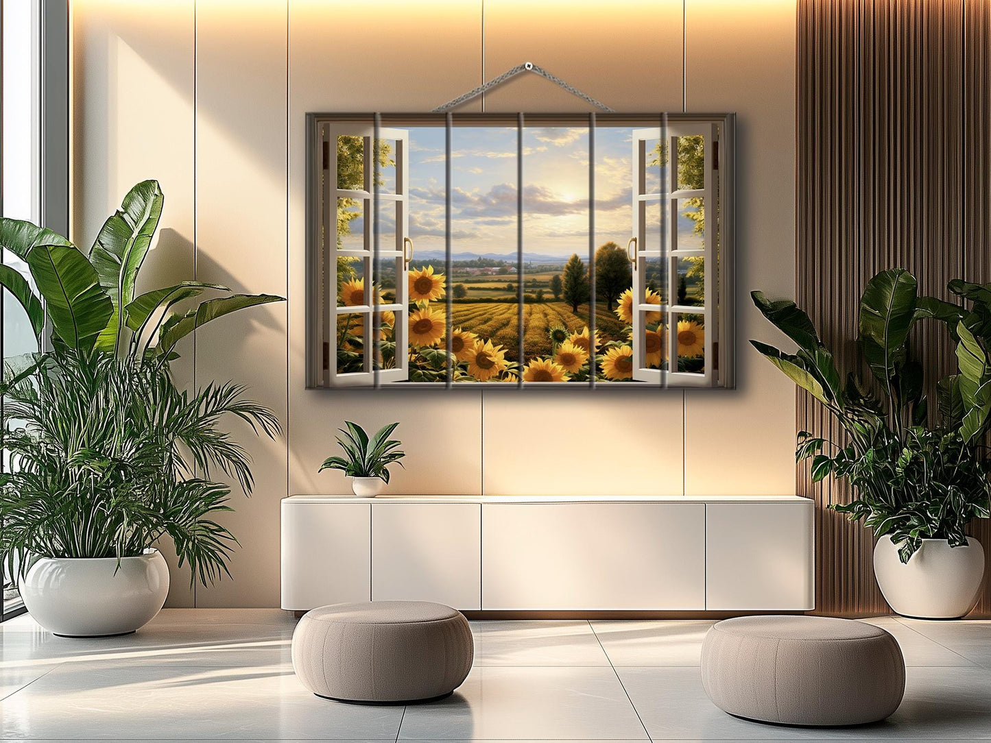 Rustic Wood Wall Art – Sunflowers Wall Art with Open Window Field View Print