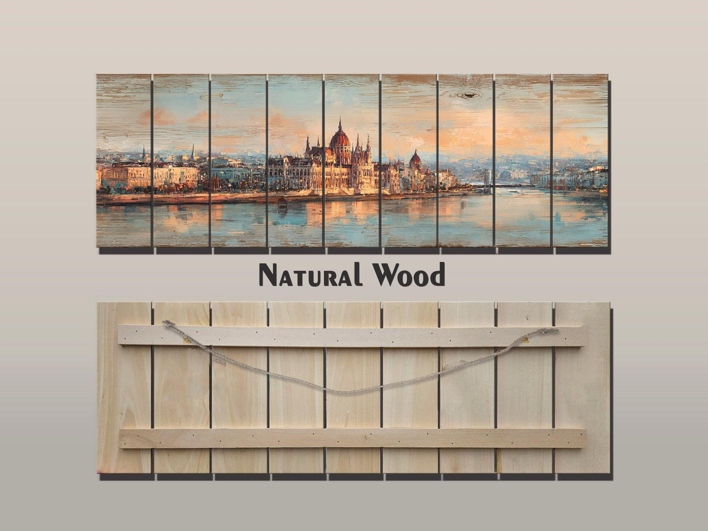 Budapest Wood Print – Rustic Wall Art With Parliament Skyline & Beige Distressed Wood