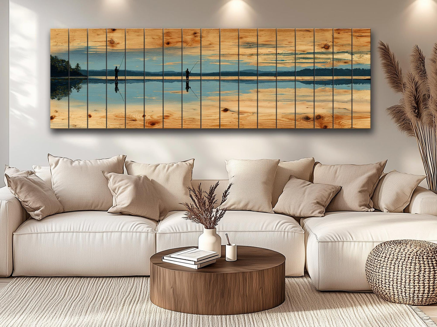 Fly Fishing Lake Print – Rustic Wood Wall Art, Panoramic Cabin Decor