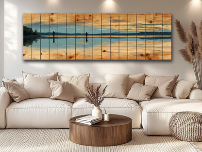 Fly Fishing Lake Print – Rustic Wood Wall Art, Panoramic Cabin Decor