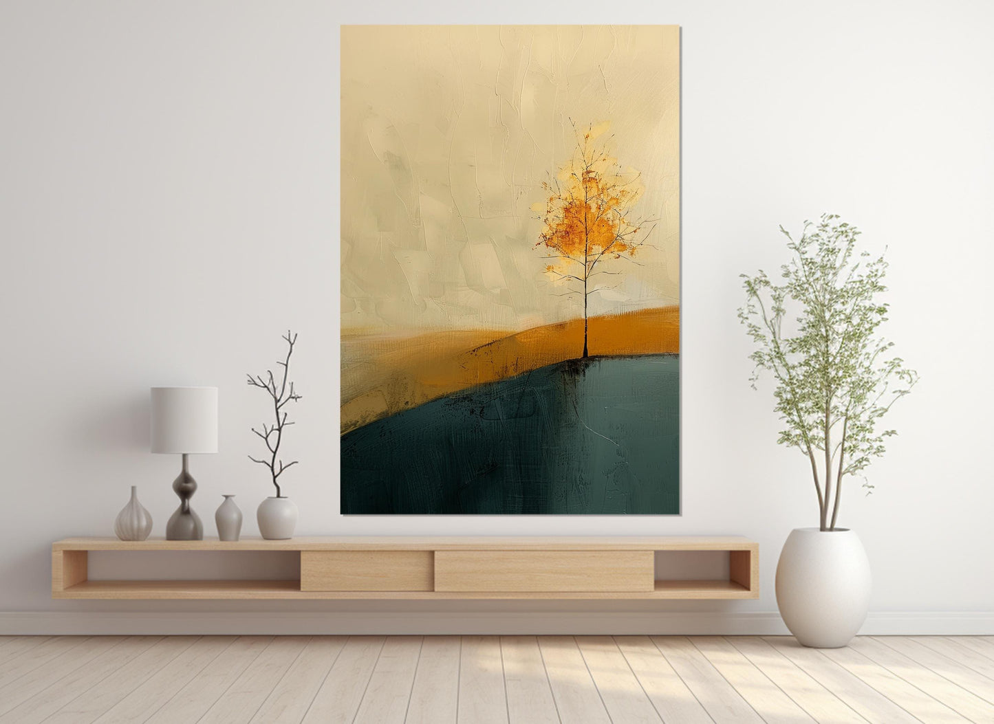 Minimalist Golden Tree Canvas – Ukiyo Wall Art | Framed Canvas Print, Ready to Hang