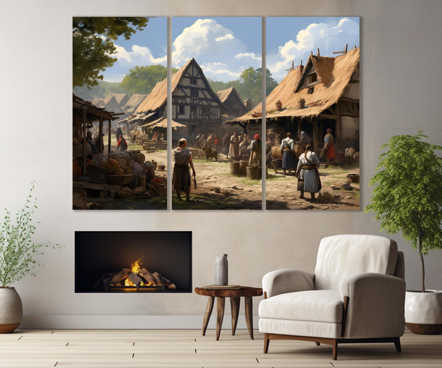 Slavic Village Painting - Framed Canvas Art | Ready to Hang Rustic Wall Decor