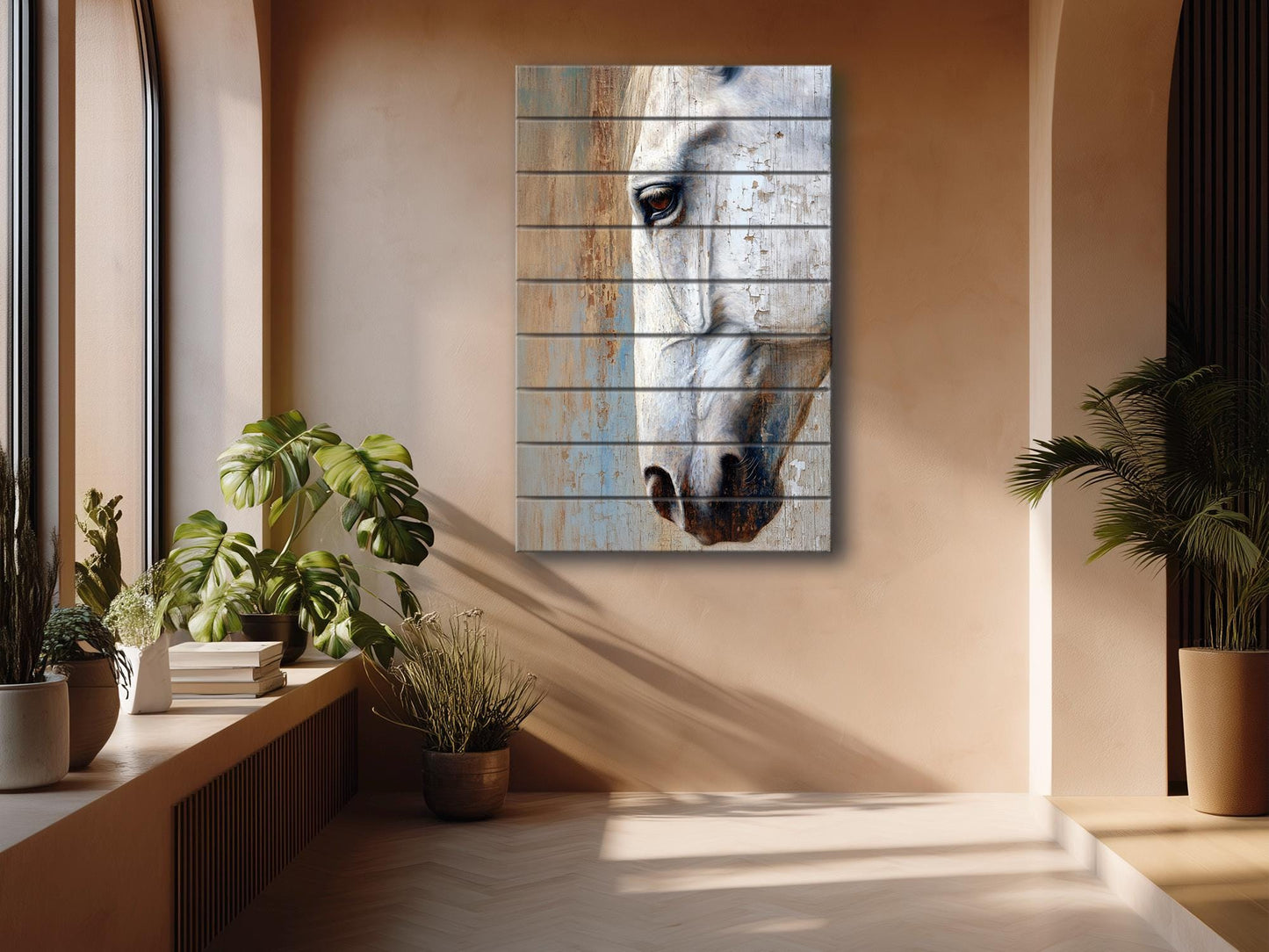 Rustic Horse Wall Art – Natural Wood Horse Print | Cozy Farmhouse Decor
