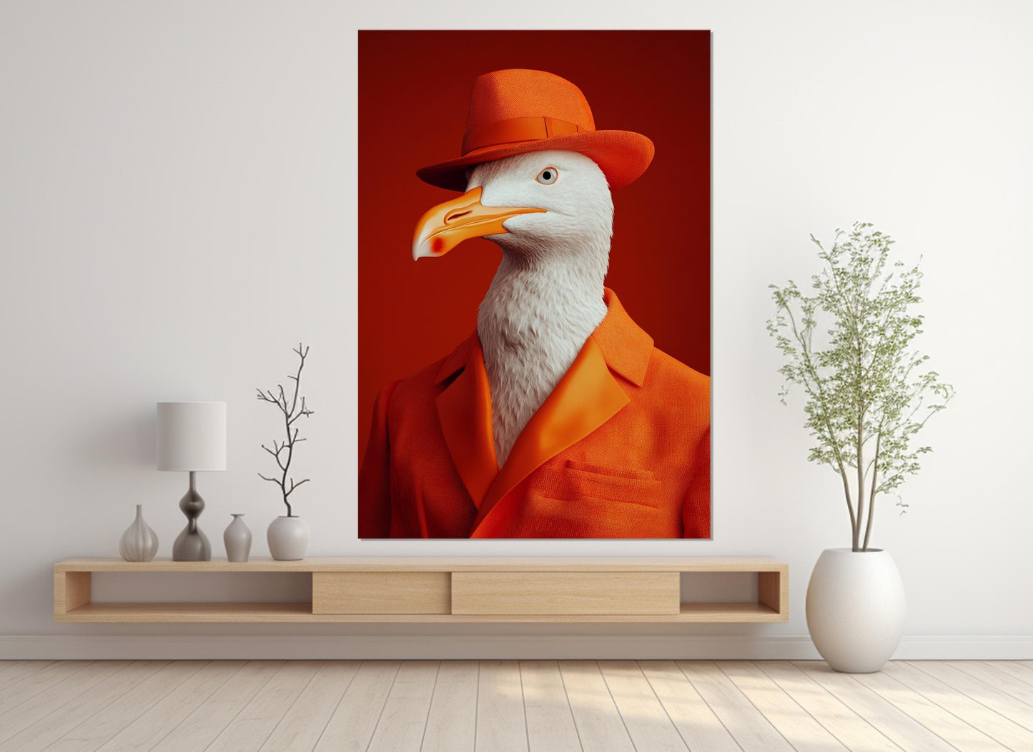 Seagull Canvas Print - Funny Seagull Art in Orange Suit | Framed & Ready to Hang