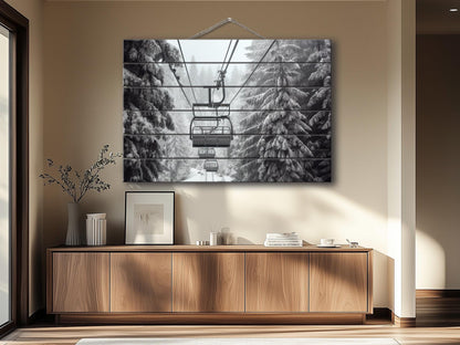 Rustic Wood Wall Art – Scenic Ski Lift Print | Natural Wood Plank Painting