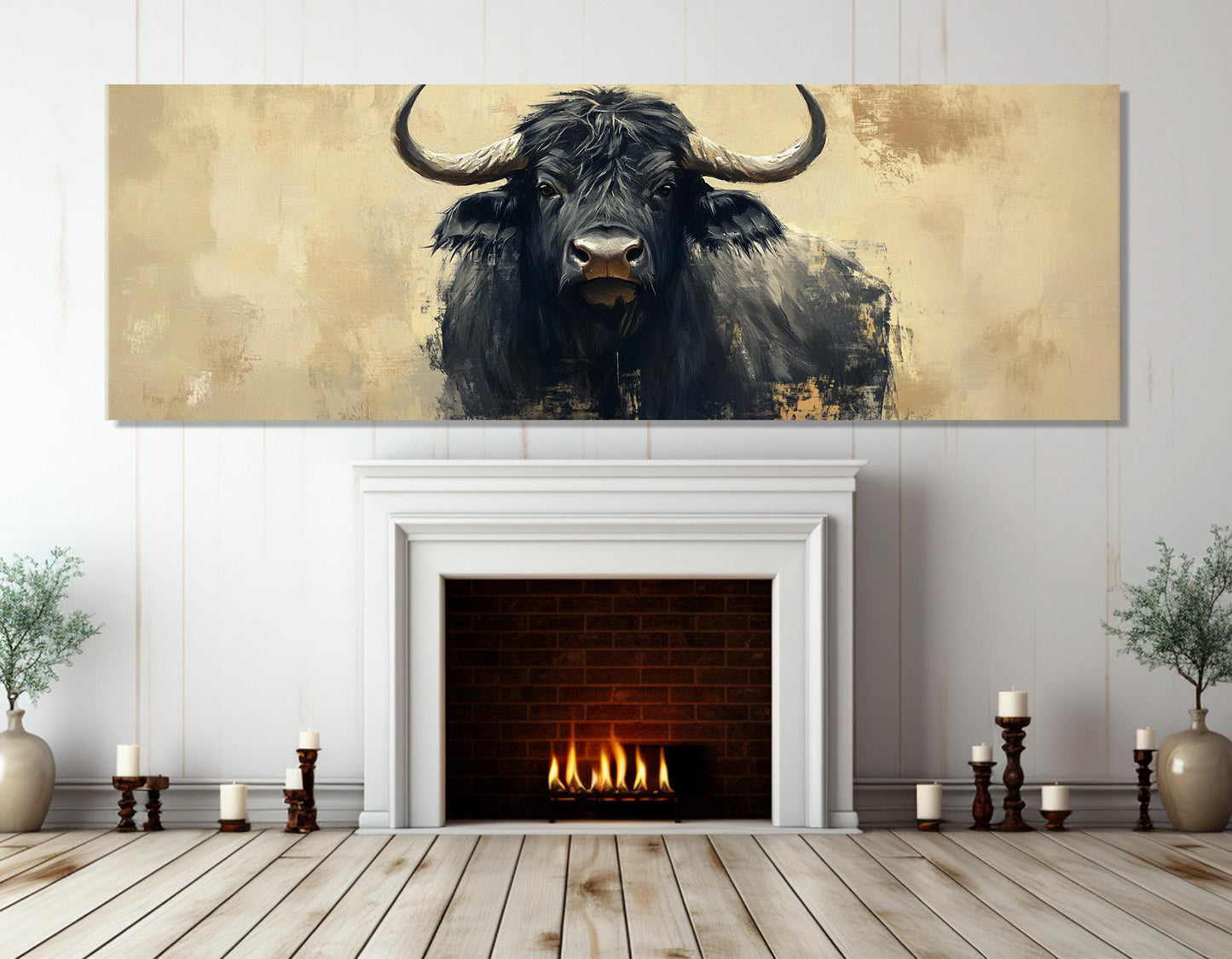 Black Buffalo Painting – Large Bull Canvas Print | Abstract Buffalo Poster, Framed Wall Art