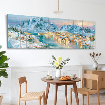 a large, colorful painting of a snowy mountain town hanging on a wall above a wooden dining table with two chairs.