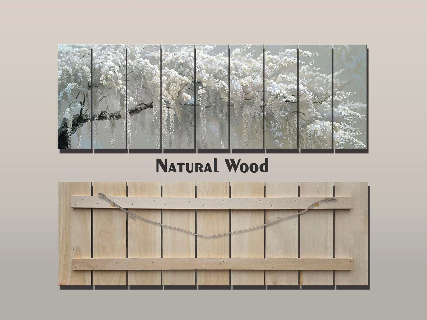 Abstract White Wisteria Tree Blossom Print On Natural Wood