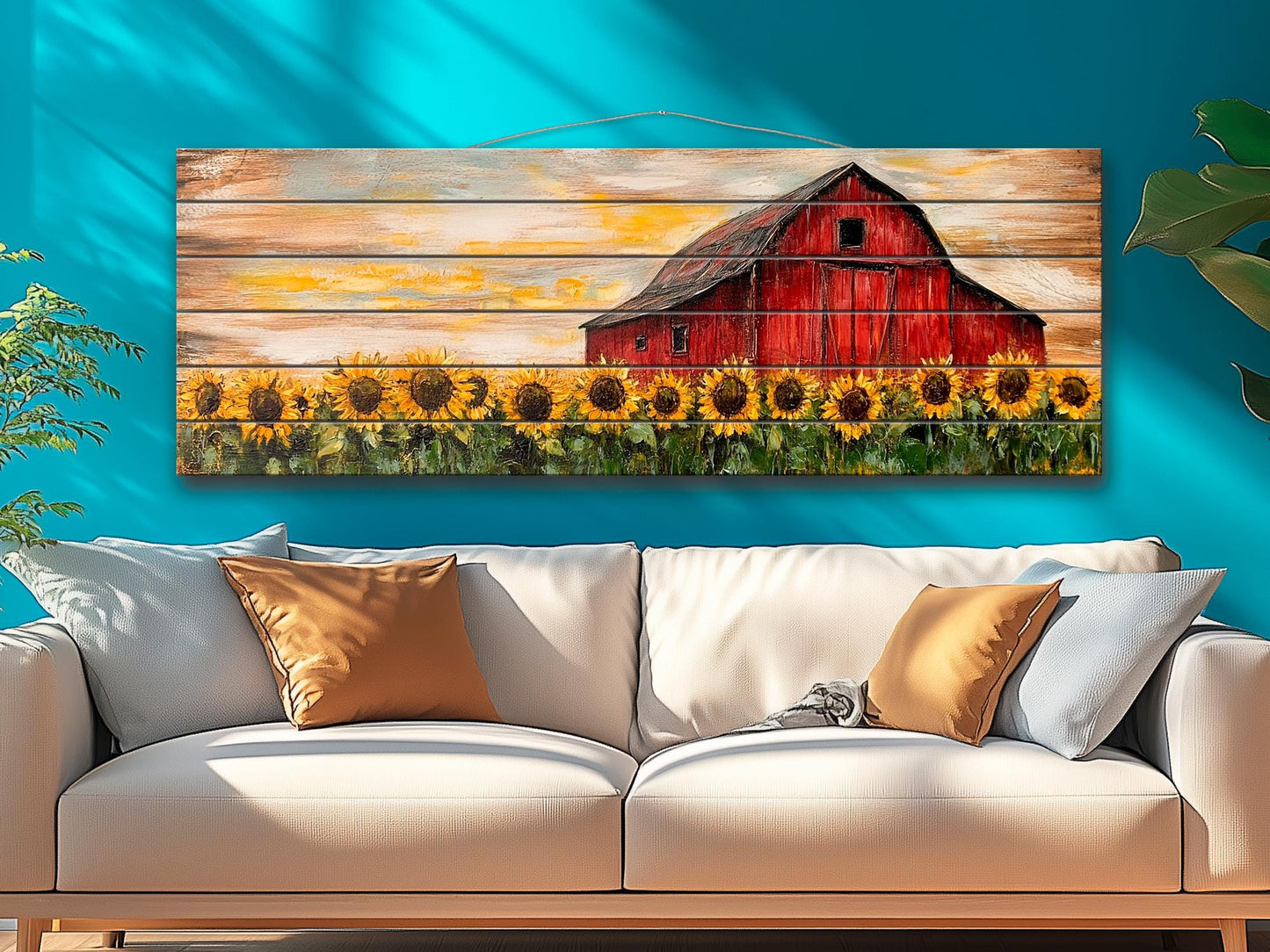 Rustic Wood Print – Sunflowers Field Art with Old Barn on Natural Wood Planks