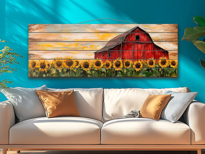 Rustic Wood Print – Sunflowers Field Art with Old Barn on Natural Wood Planks