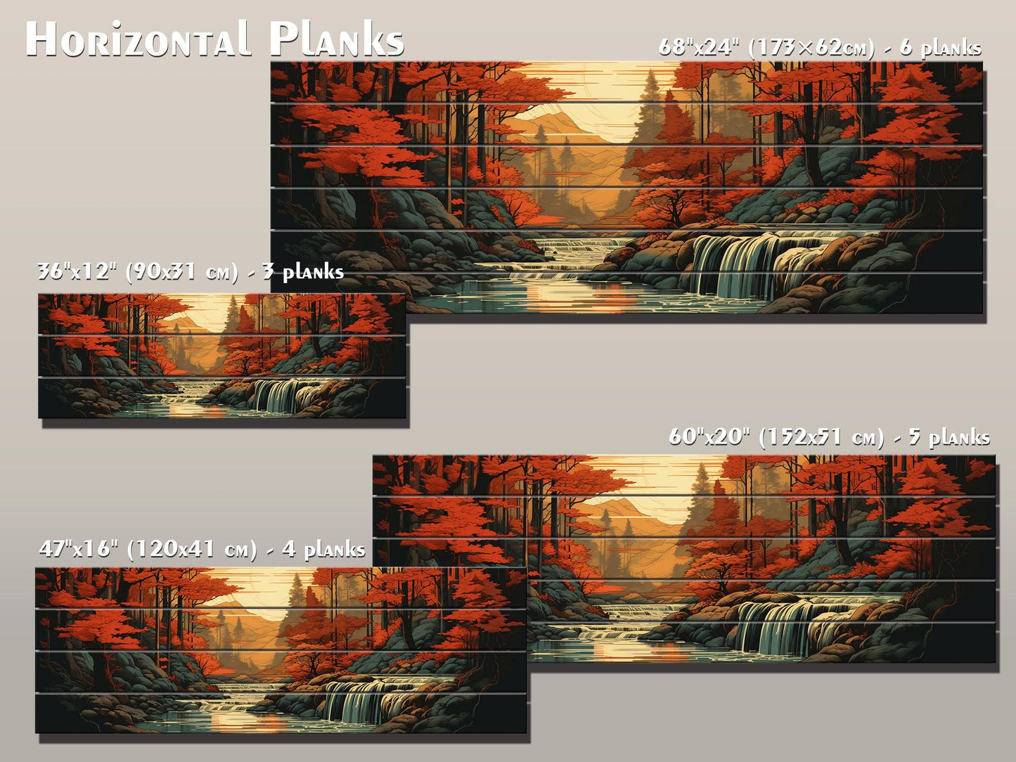 Rustic Autumn Wall Art - Wooden Waterfall Painting on Natural Wood Planks