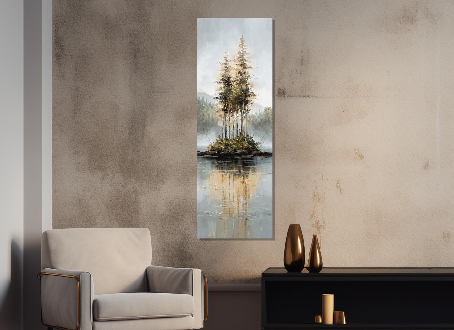 Rustic Island Canvas - Tonal Landscape Art With Misty Forest & Calm Water Reflections