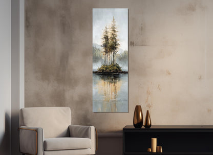 Rustic Island Canvas - Tonal Landscape Art With Misty Forest & Calm Water Reflections