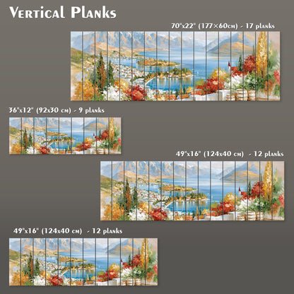 a collection of four different vertical plank images, each depicting a scenic landscape with mountains, water, and trees. The images vary in size, with some being larger than others, and are arranged in a grid-like pattern. The text provides information about the dimensions of each image, including the width and height in both inches and centimeters.