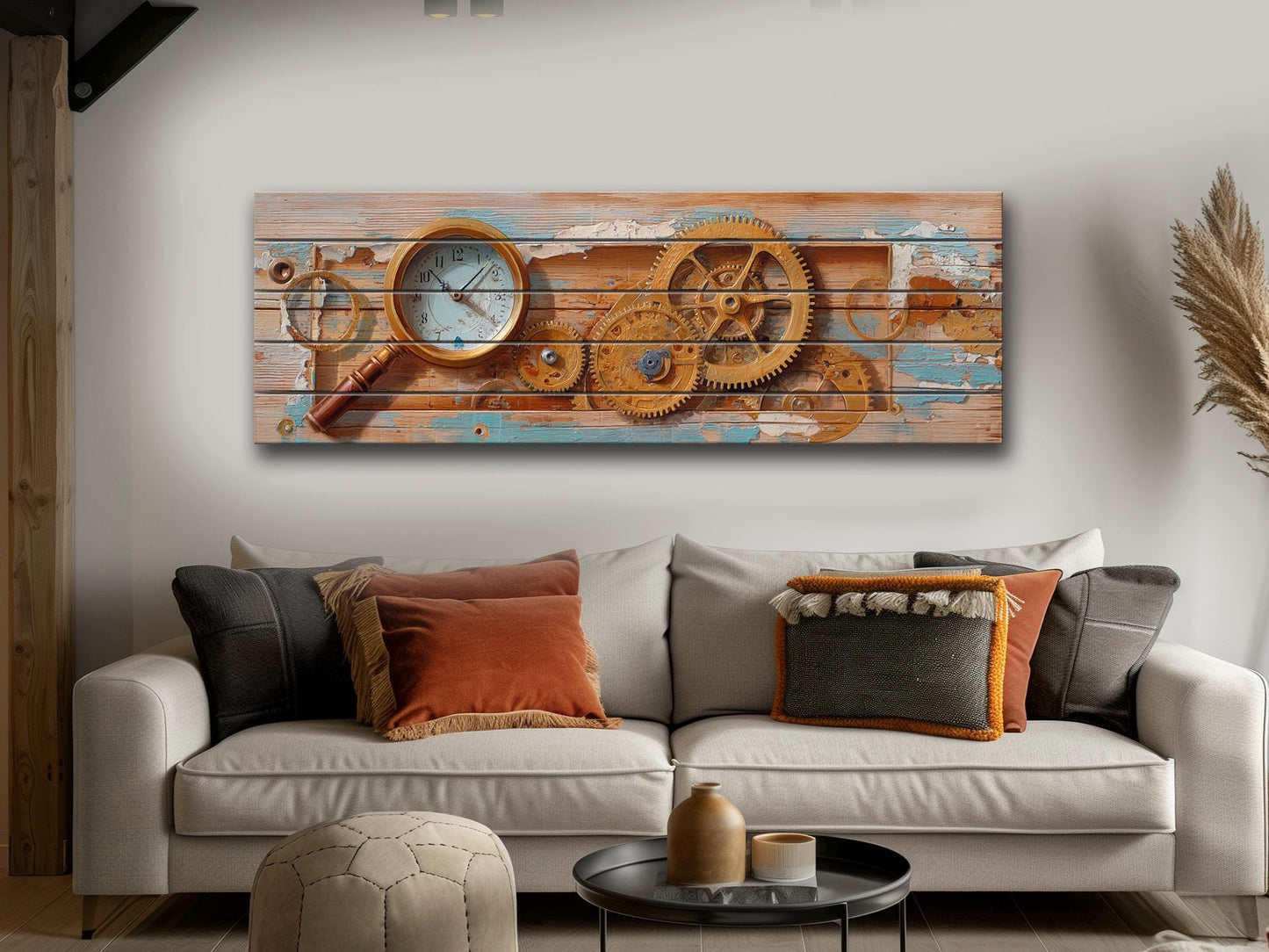 Rustic Steampunk Wall Art – Clockmaker Wood Print With Gears & Magnifier on Wood