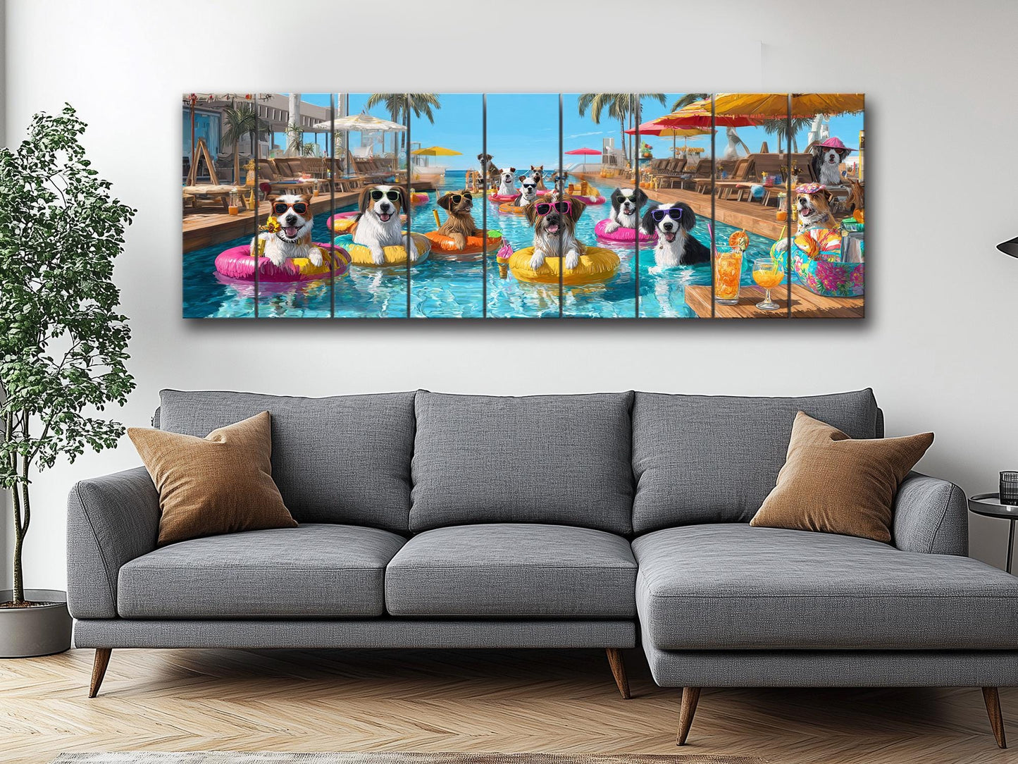 Dogs Tropical Pool Bar Print – Funny Summer Dog Wall Art on Wood Panel