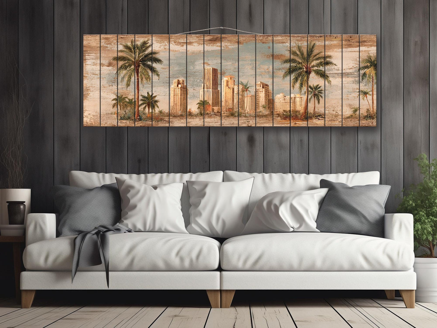 Miami Skyline Wood Print – Vintage Art Deco Cityscape on Rustic Wood Panels