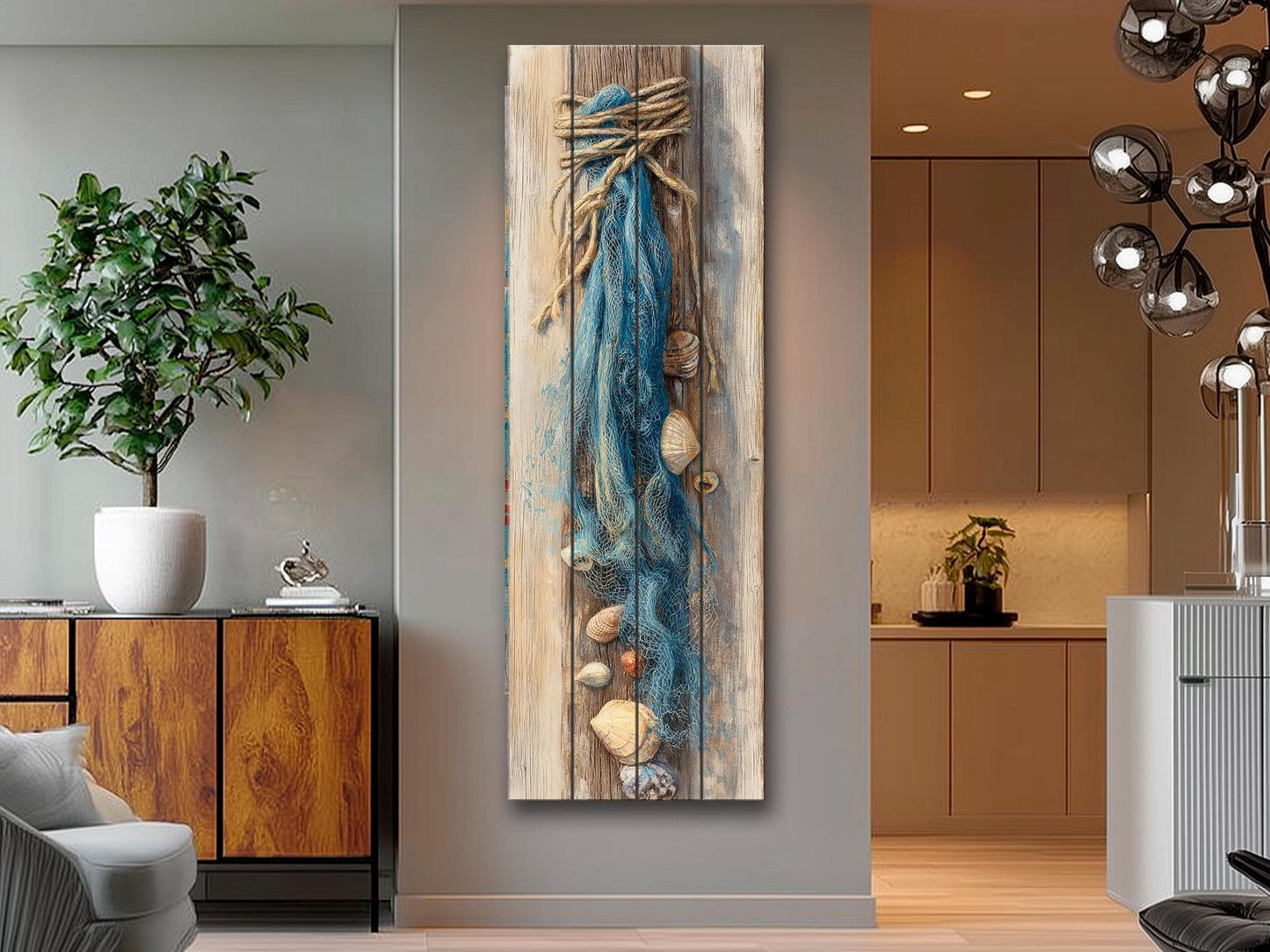 Wood Wall Art - Seashell Print – Nautical Coastal Decor – Fishing Net Beach Print on Natural Wood