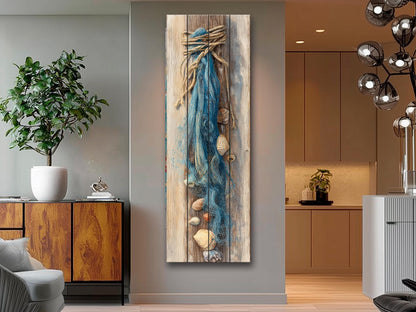 Wood Wall Art - Seashell Print – Nautical Coastal Decor – Fishing Net Beach Print on Natural Wood