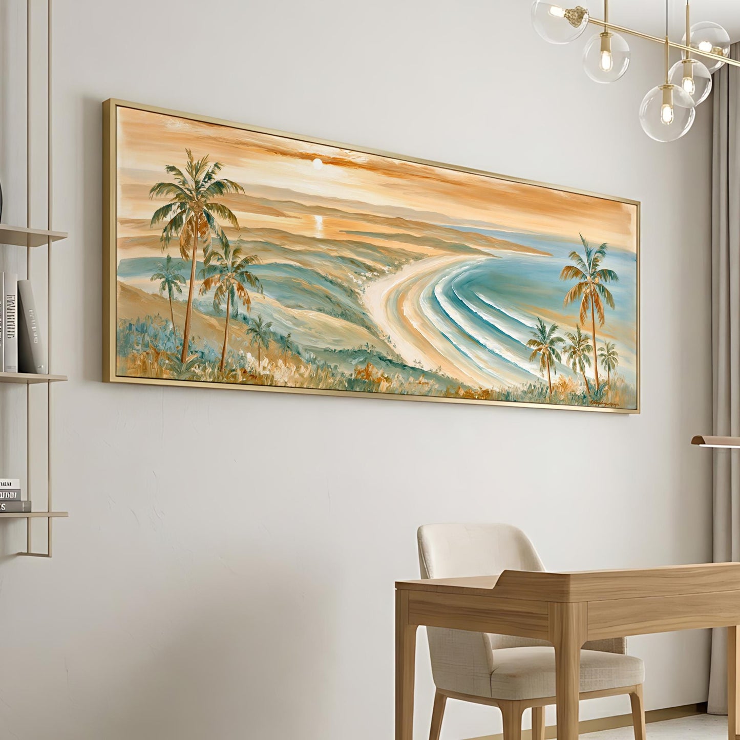 a large painting of a tropical beach scene with palm trees, a sandy beach, and a body of water with waves. The painting is hung on a wall above a wooden desk and chair, creating a serene and relaxing atmosphere in the room.