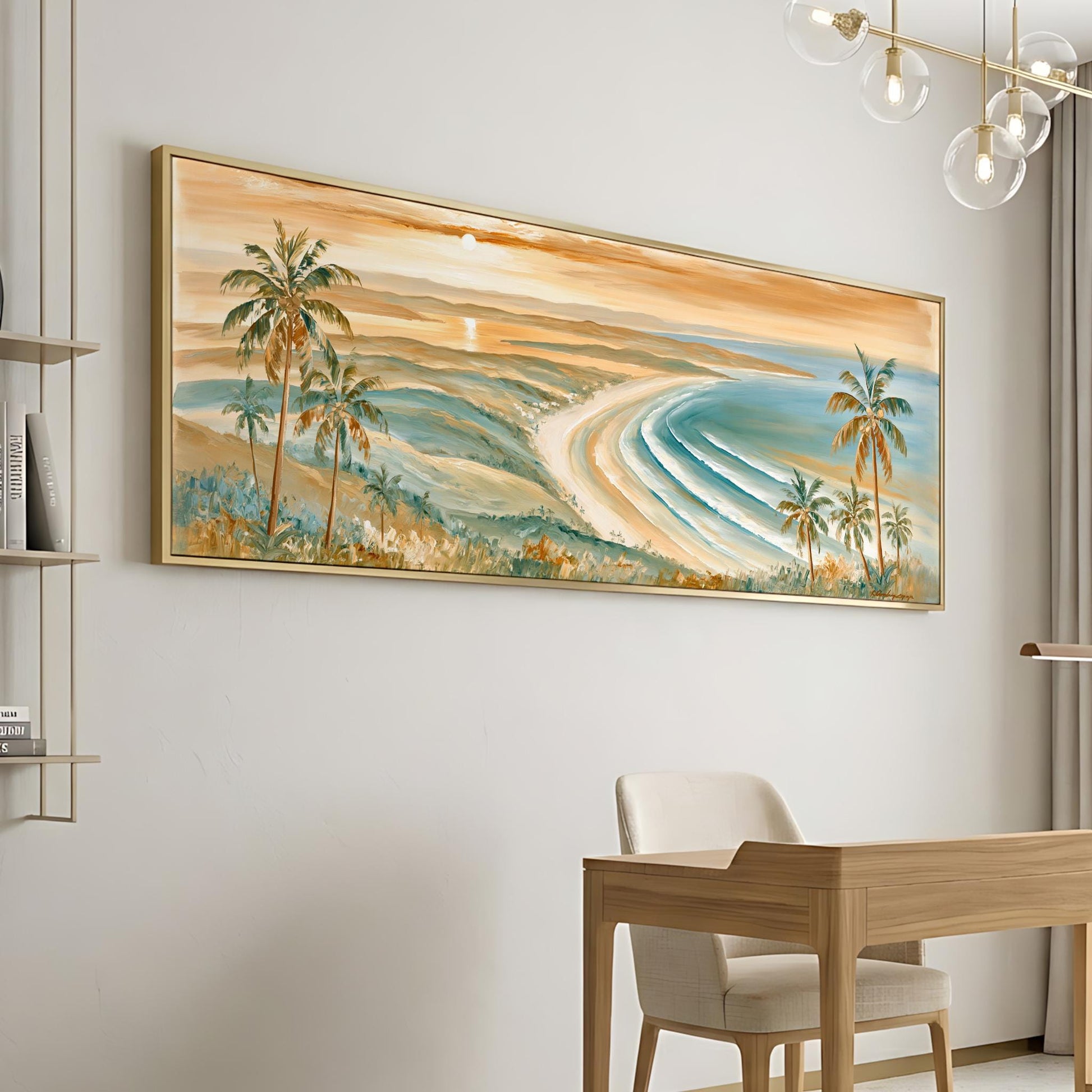 a large painting of a tropical beach scene with palm trees, a sandy beach, and a body of water with waves. The painting is hung on a wall above a wooden desk and chair, creating a serene and relaxing atmosphere in the room.