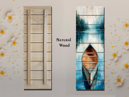 Wood Wall Art – Canoe Lake Painting on Rustic Natural Wood Plank – Nautical Scene Print