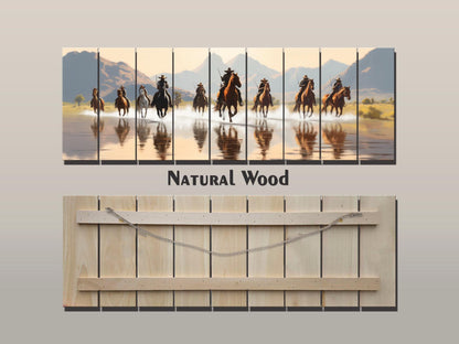 Retro Style Cowboys on Horses Print On Natural Wood -Wild West Wall Art