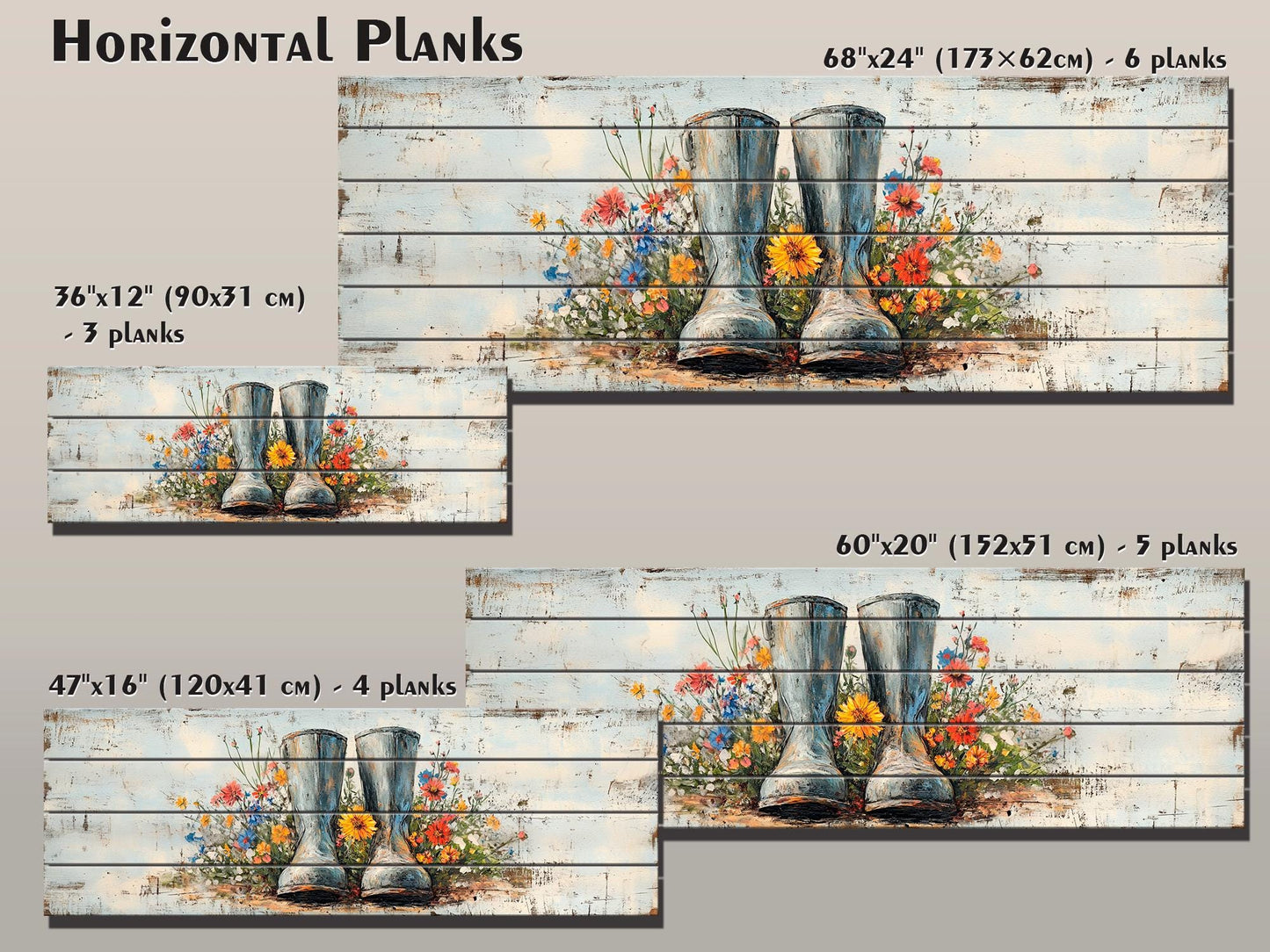 Rustic Wood Wall Art – Rain Boots Wall Art With Wildflowers Wood Print | Cozy Cabin Decoration
