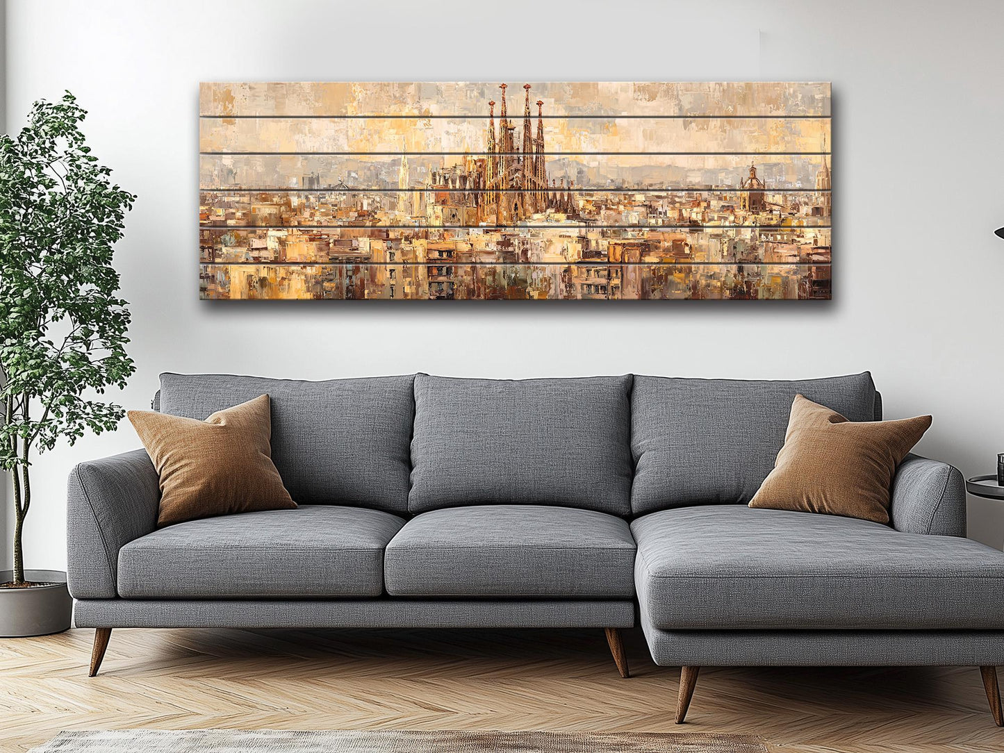 Barcelona Wall Art – Rustic Wood Print Featuring Sagrada Familia Beige & Gold Painting