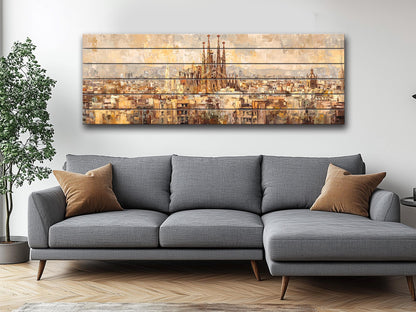 Barcelona Wall Art – Rustic Wood Print Featuring Sagrada Familia Beige & Gold Painting