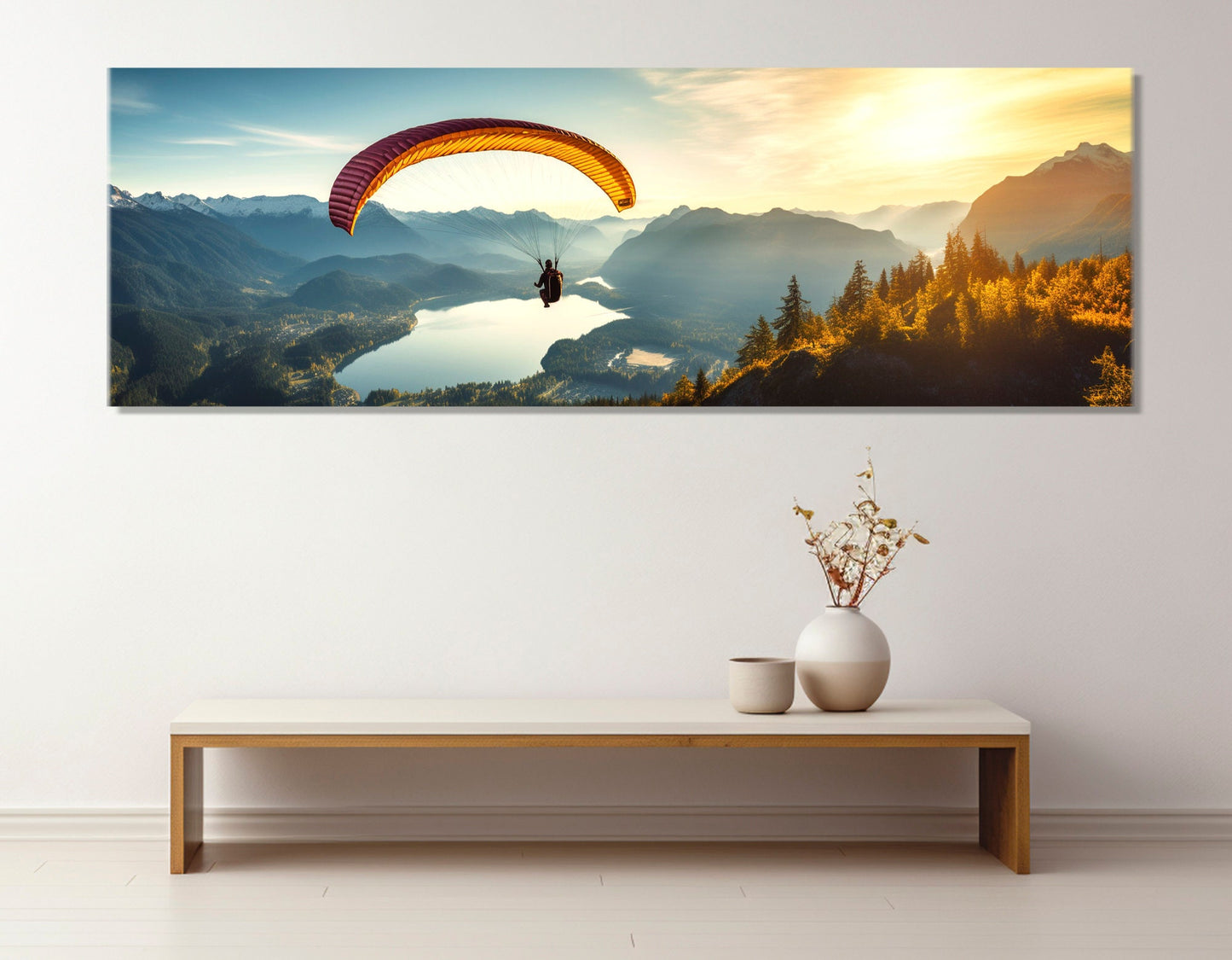 Skydiving Wall Art – Parachute Canvas Print Over Lake Panorama | Ready to Hang Decor