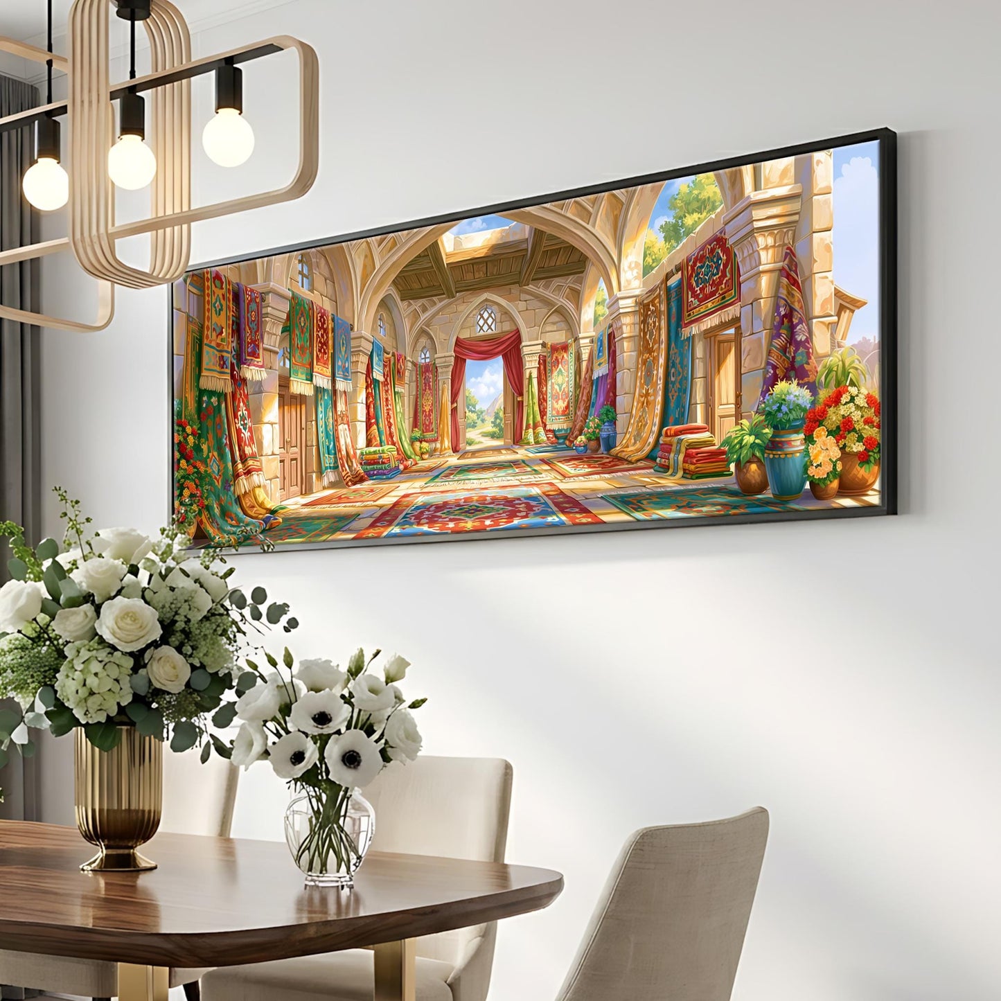 a large, colorful painting of an ornate, palace-like interior with intricate architectural details and vibrant colors. The painting is hung on a wall above a dining table with a vase of flowers on it. The dining table is surrounded by chairs, creating a cozy and inviting atmosphere.