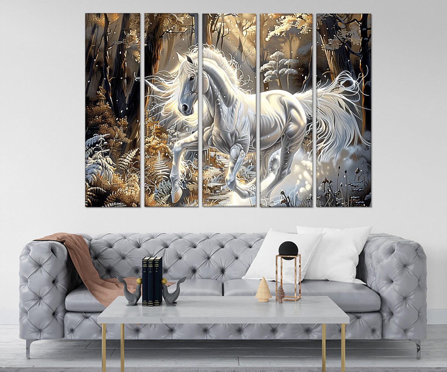White Horse Canvas - Fantasy Horse Print in Golden Forest | Framed Canvas Art Ready to Hang
