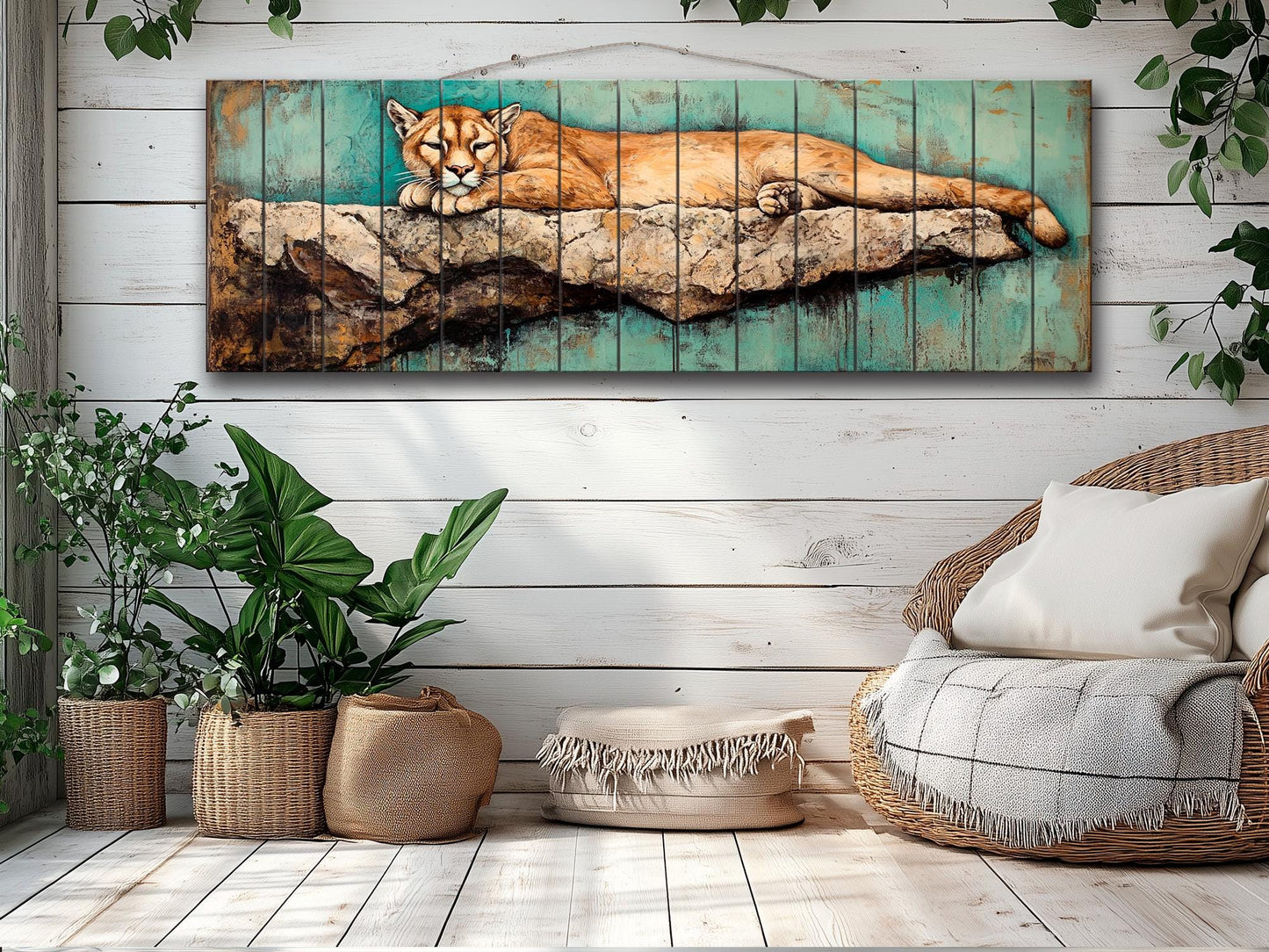 Rustic Wood Wall Art - Mountain Lion on a Rocky Ledge Print on Natural Wood, Lions Wall Art, Mountain Lion Painting, Forest Animals Prints