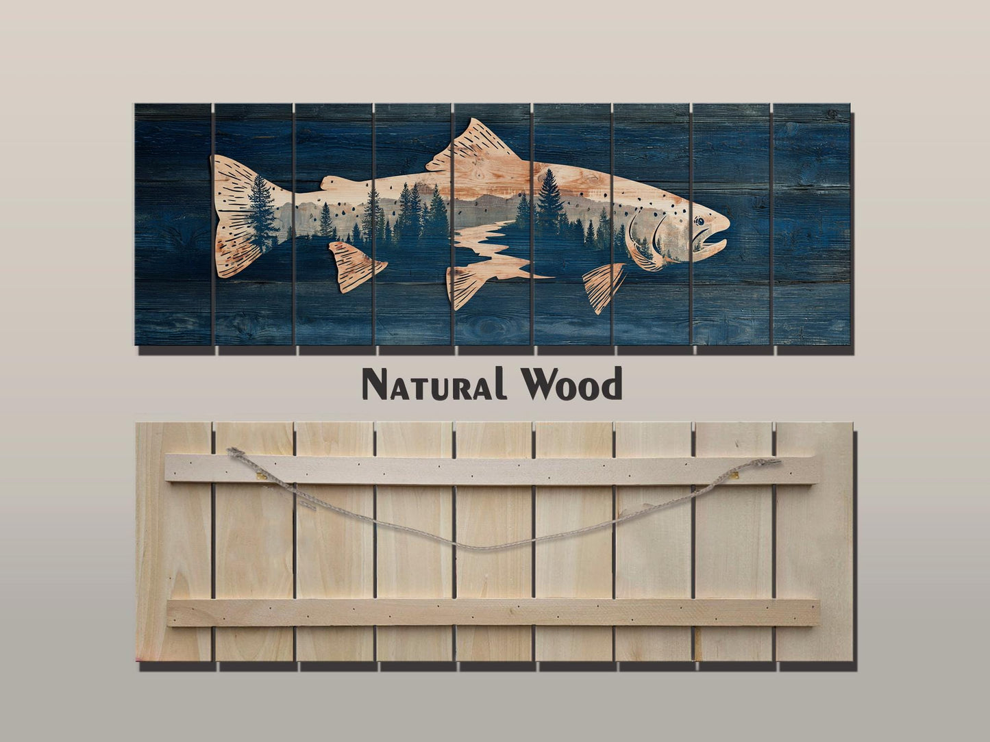 Trout Silhouette with Pine Forest Print on Wood, Rustic Fishing Wall Art