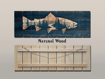 Trout Silhouette with Pine Forest Print on Wood, Rustic Fishing Wall Art
