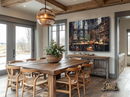 Wood Wall Art - Abstract Library Oil Painting | Natural Wood Print Decor