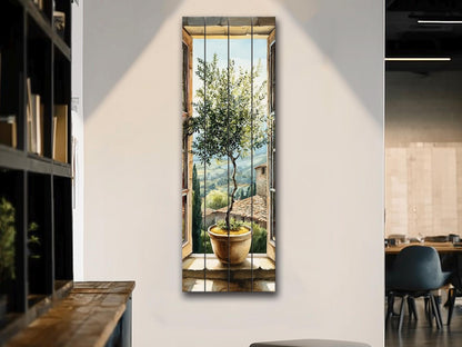 Window with Olive Tree Print on Wood, Tuscan Wall Art, Italian Watercolor Decor