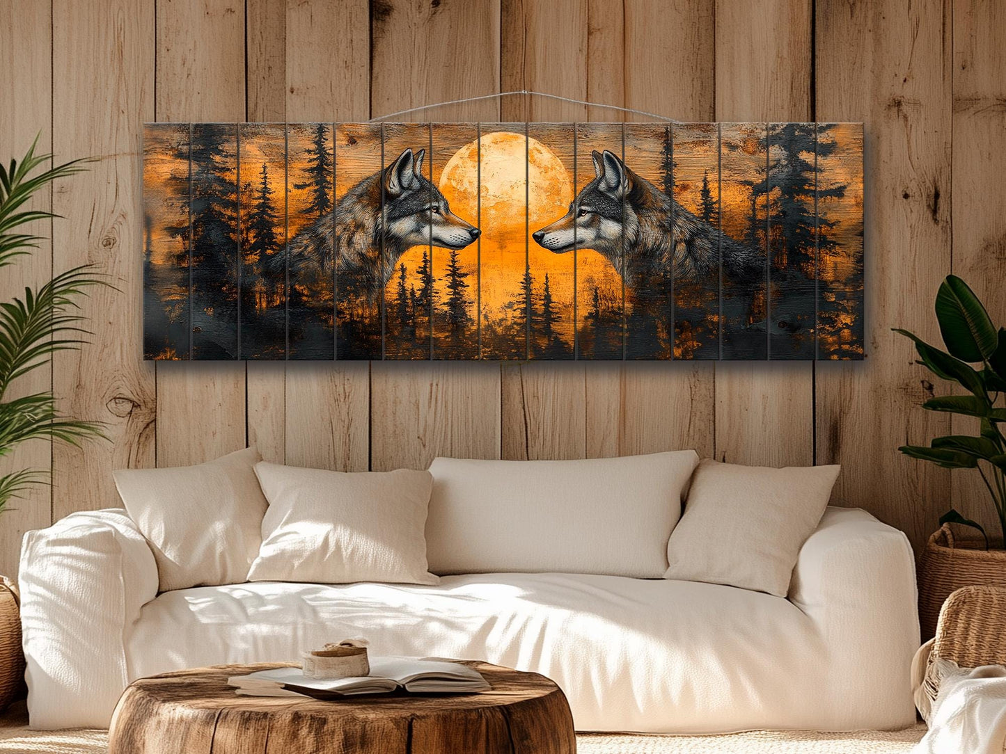 Wolf Wall Art - Sunset Forest Wolf Print on Natural Wood | Native American Art Decor
