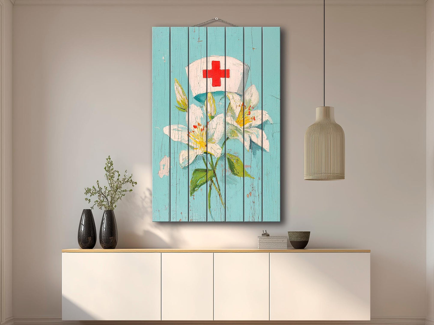 Rustic Wood Wall Art – Nurse Cap Wall Decor with Lilies – Farmhouse Medical Art Printed on Wood