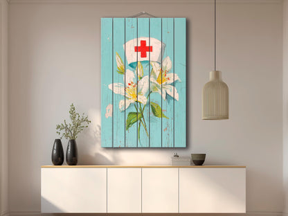 Rustic Wood Wall Art – Nurse Cap Wall Decor with Lilies – Farmhouse Medical Art Printed on Wood