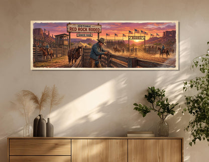 Rodeo Canvas Print, Panoramic Cowboy Arena Painting, Large Western Wall Art, Framed and Ready to Hang