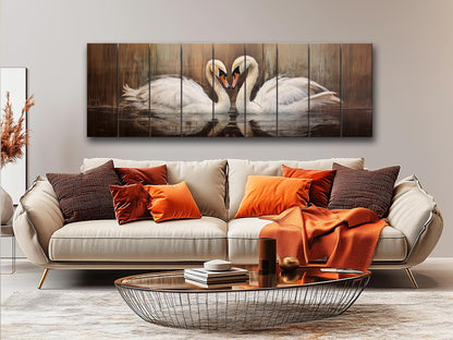 Rustic Swans Couple Forming a Heart Print on Natural Wood, Romantic Wall Art, Rustic Swans Painting, Swans Wall Art, Wood Wall Art
