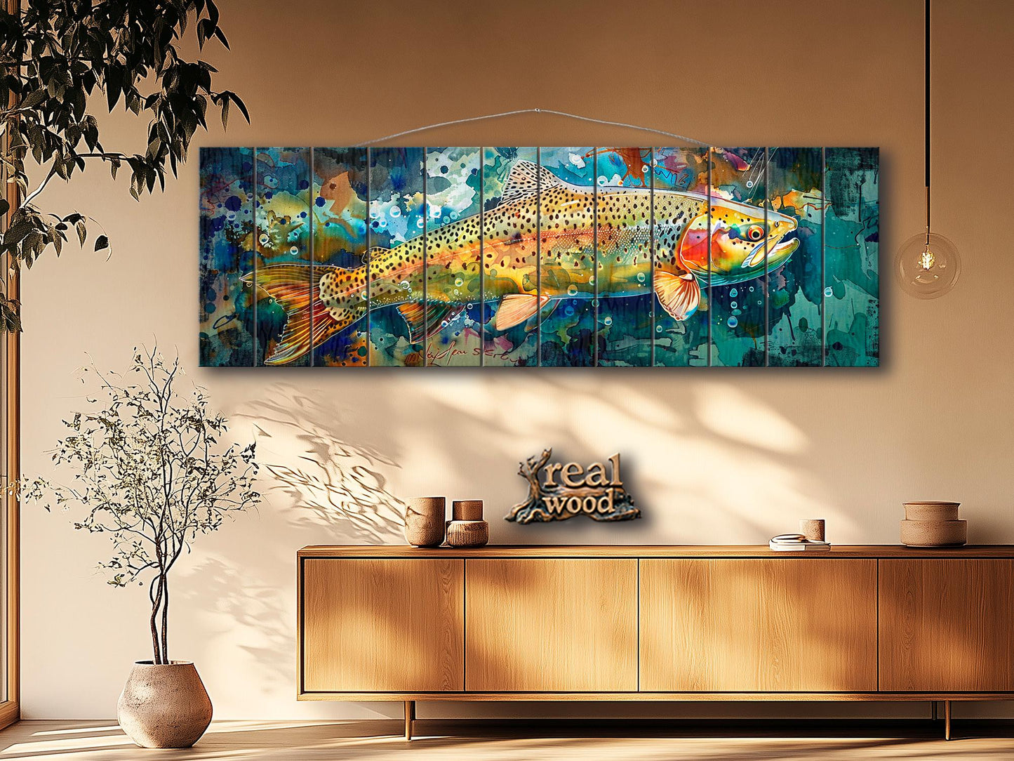 Rainbow Trout Painting Printed on Wood, Fishing Wall Art, Rustic Wood Wall Decor
