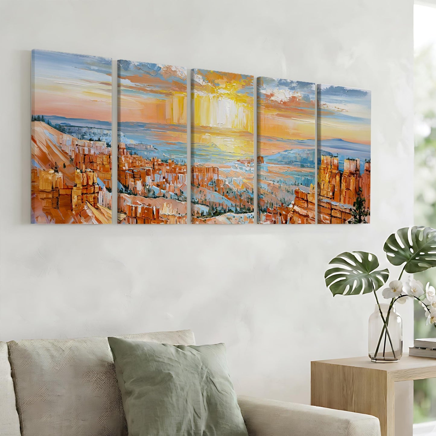 a large, colorful painting of a scenic landscape hanging on a wall in a living room.